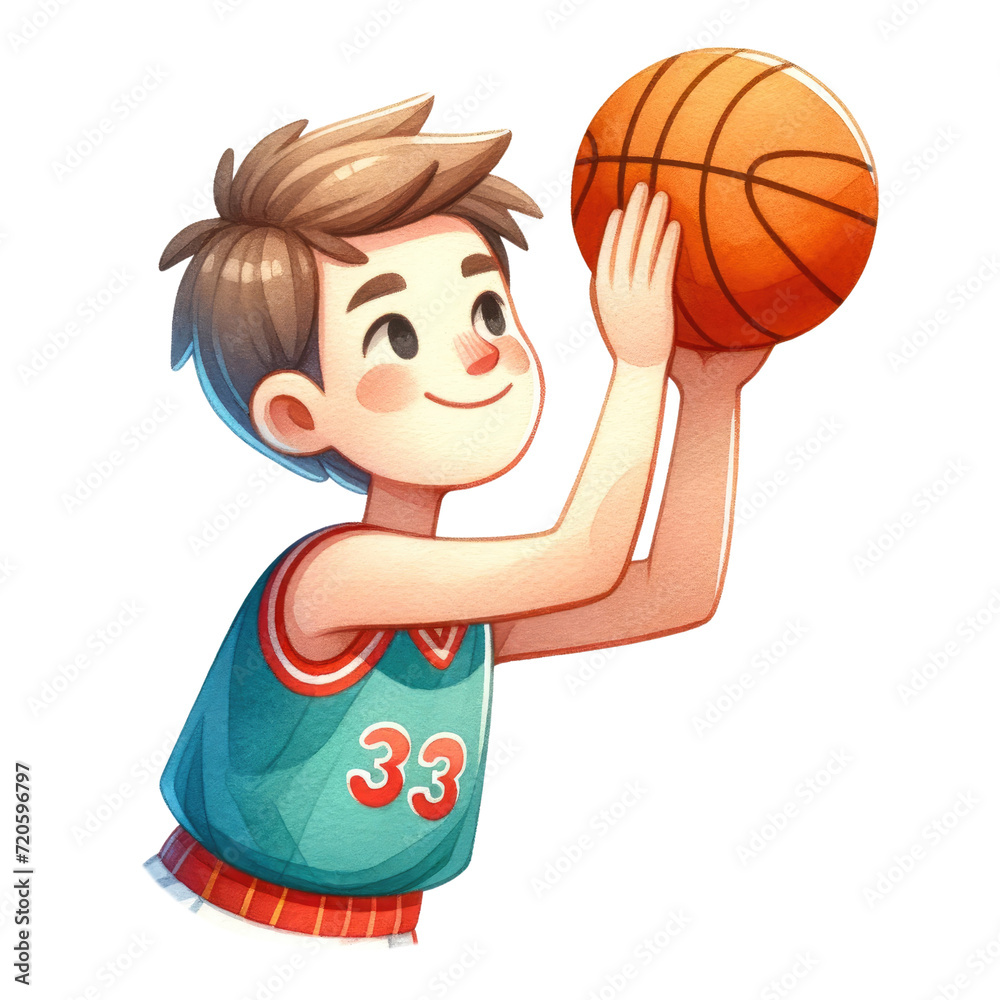 Watercolor cute boy basketball player shooting a ball. Basketball competition. Basketball element clipart.