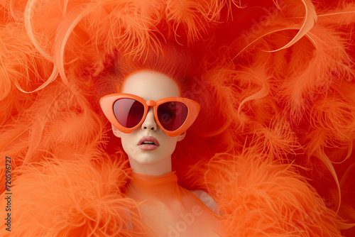 Tangerine Tempest, Model in a Whirlwind of Orange Feathers, Fashion Energy