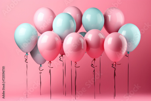 Pink and blue glossy helium balloons on pink background in the studio