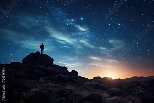 Man standing on top of a mountain and looking at the starry sky, Silhouette of a person on rocks looking at the night sky with the Milky Way and moon in the background, AI Generated