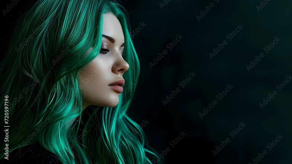 Dyed Green Hair Female Model Close Up Photography Isolated On Dark Background. (Generative AI). Dyed Green Hair Female Model Close Up Photography Isolated On Dark Background. (Generative AI).