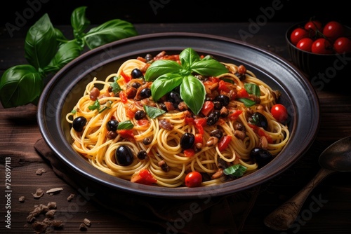 Spaghetti with black olives  tomatoes and basil on wooden table  Spaghetti alla puttanesca - Italian pasta dish with tomatoes  black olives  capers  anchovies  and basil  AI Generated