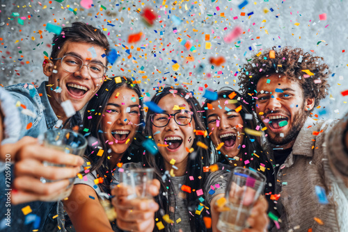 Joyful Friends Celebrating with Confetti. Generative AI