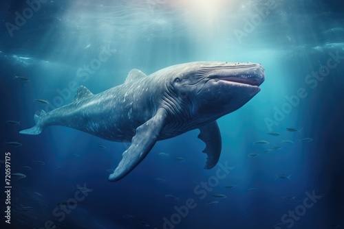 Whale shark swimming in deep blue ocean. This is a 3d render illustration, Humpback whale jumps out of the water with lots of water splashed, AI Generated © Ifti Digital