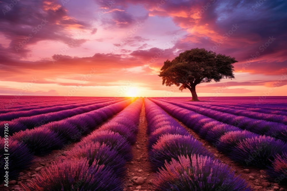 Fototapeta premium Lonely tree in lavender field at sunset, 3d render, Stunning lavender field landscape at summer sunset with a single tree, AI Generated