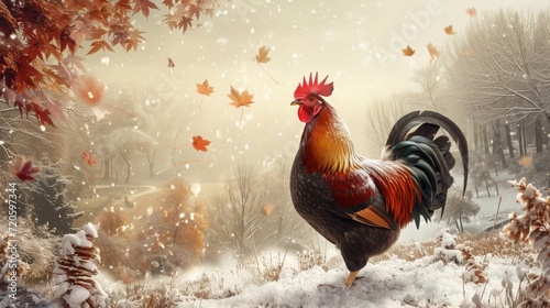 Rooster in winter autumn ambience. © Irina