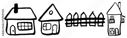 Set of house and fence in doodle style with black liner