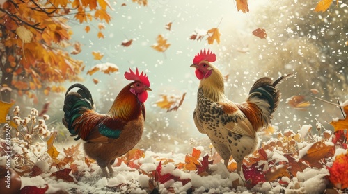Two roosters stand amidst a snowy scene with autumn leaves gently falling to the ground. © Irina