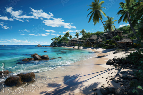 Oceanfront with palm trees and white sand on the shore. Tropical summer holidays and vacations