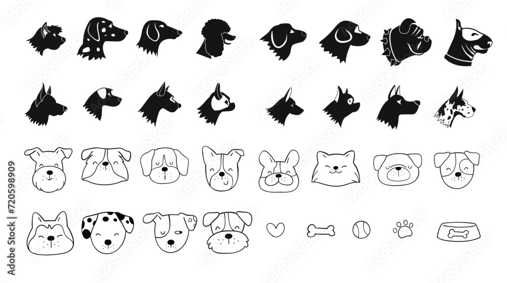 Different type of vector  dog faces for design.