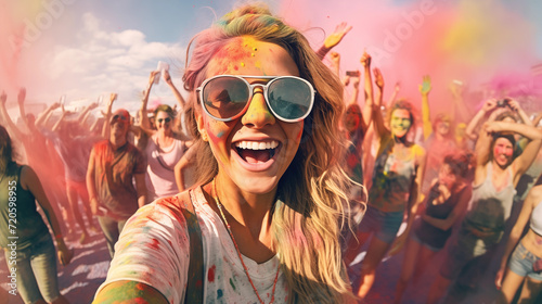 Cheerful woman at the festival of colors Holi