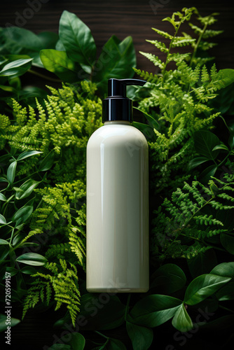 Mockup of a cosmetic scene for branding or advertising presentation, a green bottle of cosmetics in a tube, a plant background