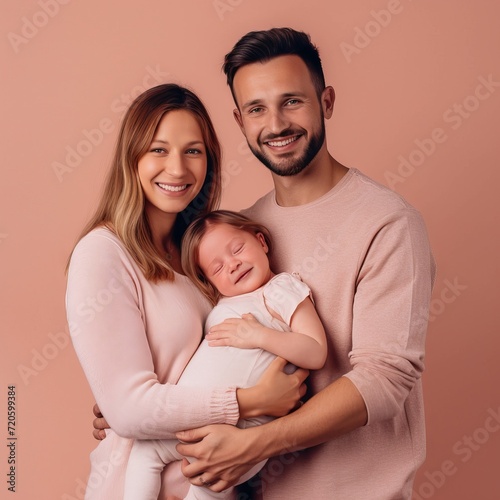 Happy family, mother and father tenderly holding their newborn baby, dressed in soft pink clothes, against a single pink background. Concept: parenting, family values ​​and infant care. Banner with co