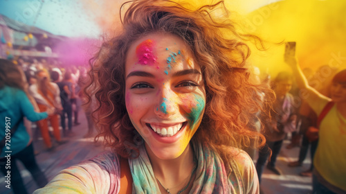 Cheerful woman at the festival of colors Holi