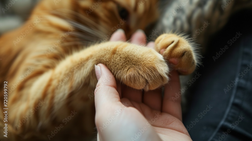 Obraz premium close-up view of a person gently holding the paws of an orange cat