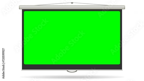 Animation of opening and closing a projection screen with green screen on white background, transparent with alpha channel