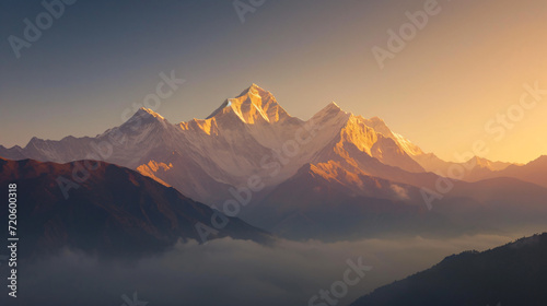 A peaceful sunrise over the Himalayas showcasing the majestic peaks and serene mountain landscape. © Sebastian