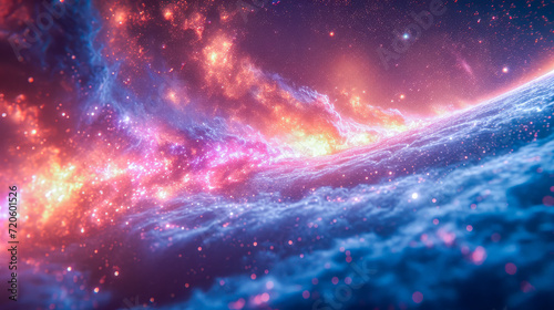 Interstellar space. Planetary landscape in the colorful smoke cosmos, in which the original Milky Way unfolds as background wallpaper. Generative AI.