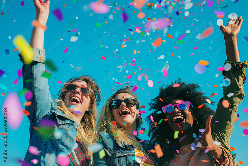 Friends enjoying a lively party with confetti. The image captures the joyous and festive atmosphere of a celebratory gathering. Friends enjoying a lively party with confetti. The image captures the joyous and festive atmosphere of a celebratory gathering.