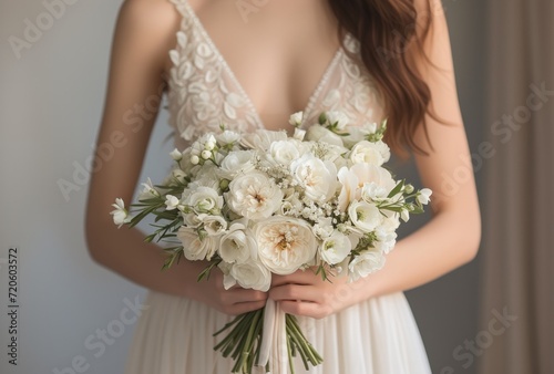 the bride holds a white flower bouquet with peonies