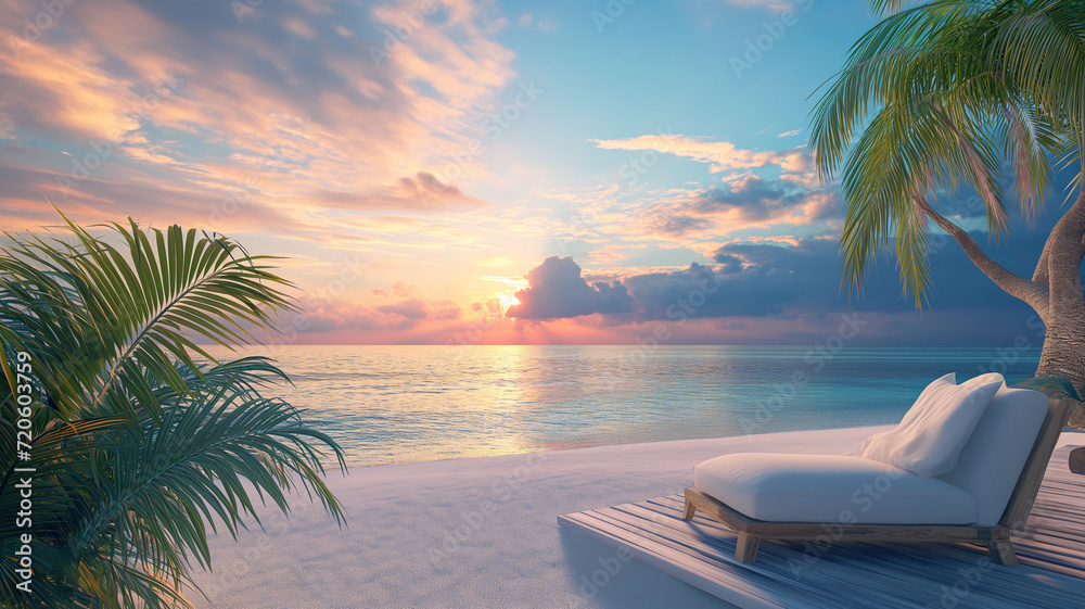 Tropical paradise with palm trees, golden sand, and a breathtaking sunset over the tranquil ocean, creating a serene coastal scene for a perfect summer vacation