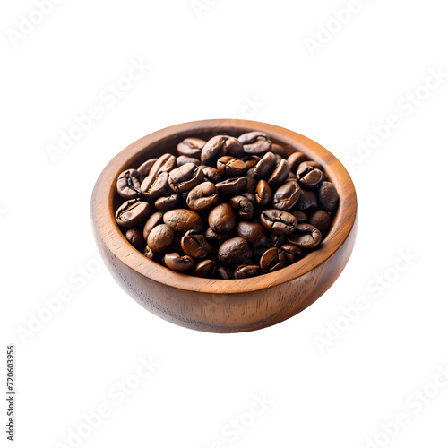 Fresh coffee beans in wooden bowl with transparent background png