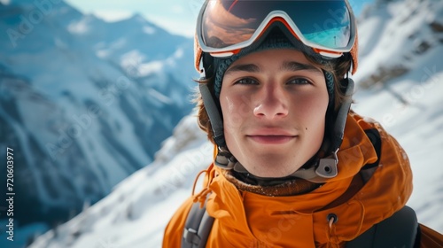 Portrait of a beautiful young man skiing in the background of Alpine clones