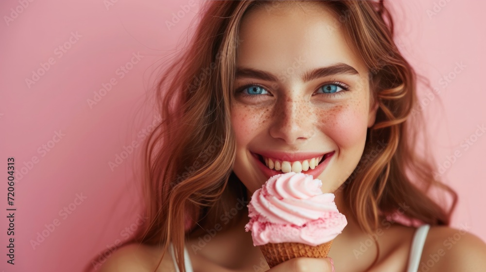 The beautiful girl has a big pink ice cream