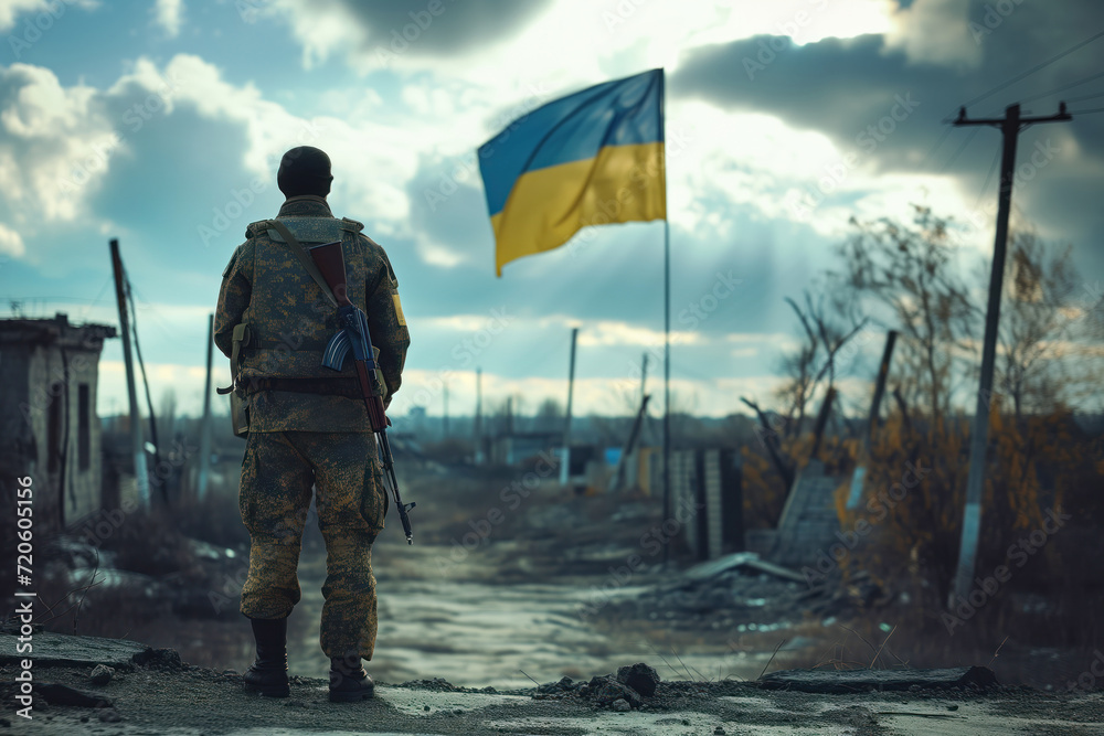 An Ukrainian soldier stands beside Ukrainian flag in settlement that has been liberated from russian rule AI Generative