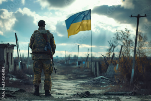 An Ukrainian soldier stands beside Ukrainian flag in settlement that has been liberated from russian rule AI Generative photo