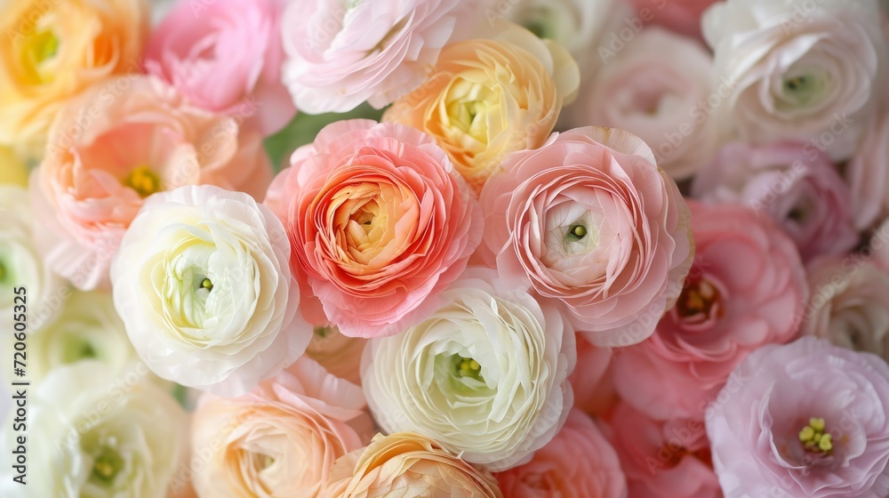 Obraz premium Background of pastel-colored ranunculus flowers generative ai