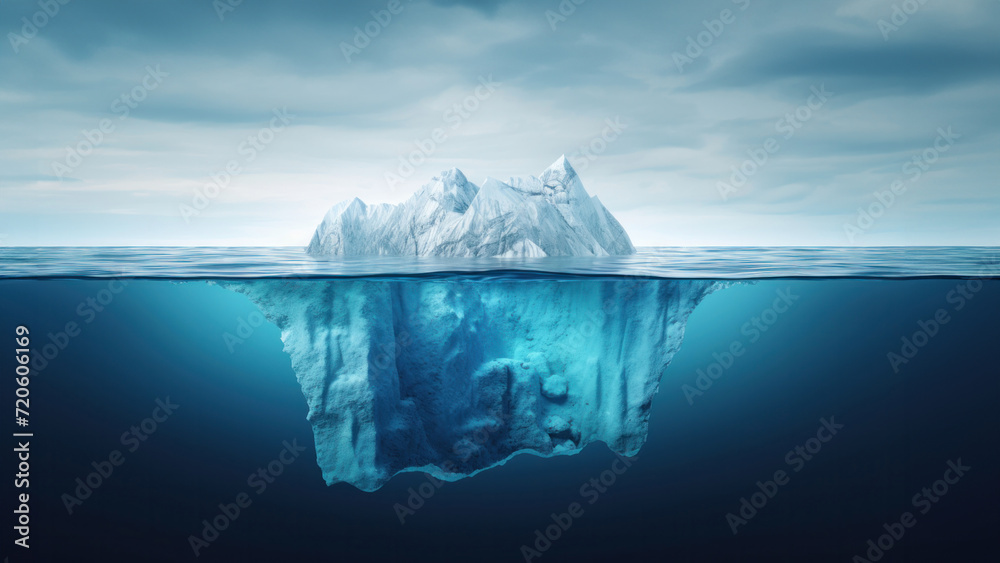 Iceberg Submerged in Ocean Water. The vastness of an iceberg above and below water surface, under cloudy sky background