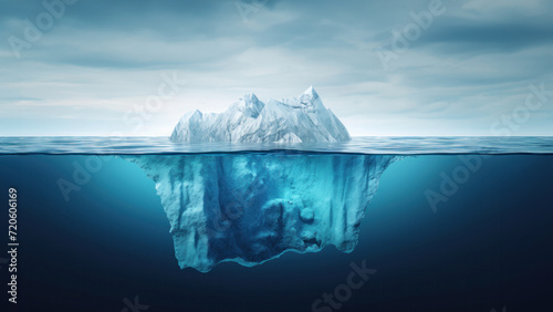 Iceberg Submerged in Ocean Water. The vastness of an iceberg above and below water surface, under cloudy sky background © GT77
