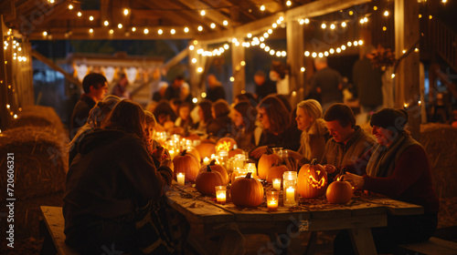 A Halloween pumpkin carving party in a rustic barn.