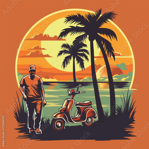 Retro Scooter on sunset Beach Tshirt Design