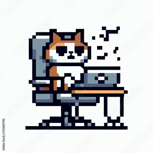 Lazy cat sitting in the chair in pixel art style