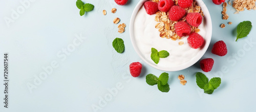 Vector illustration of yogurt bowl with mixed fruits. Healthy Breakfast Concept Vector