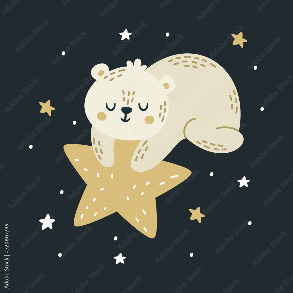Flat vector illustration in a simple children's style. Cute white bear flying in the night sky and holding on to a star. Night sky and stars . Vector illustration