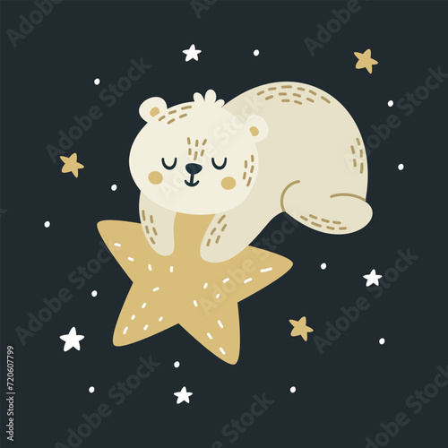 Flat vector illustration in a simple children's style. Cute white bear flying in the night sky and holding on to a star. Night sky and stars . Vector illustration photo