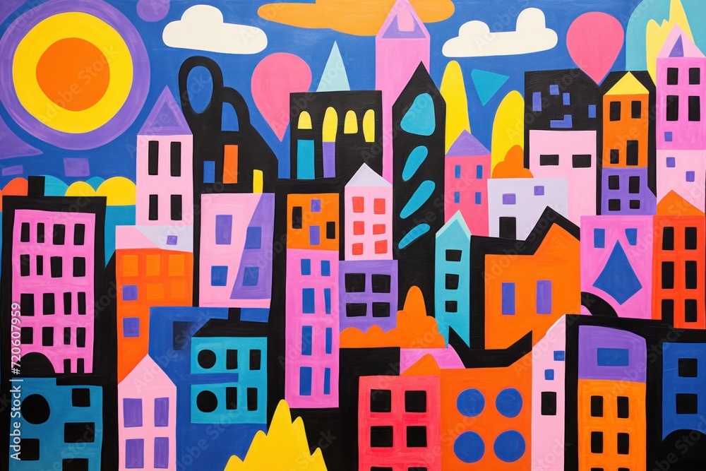 Creative flat geometrical art cityscape, town house with a small, cute building in geometrical shapes. flat illustration. Acid abstract contemporary elements