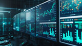 A high-tech financial data analysis setup with multiple screens displaying graphs and numbers.