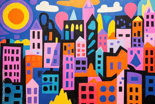 Creative flat geometrical art cityscape, town house with a small, cute building in geometrical shapes. flat illustration. Acid abstract contemporary elements