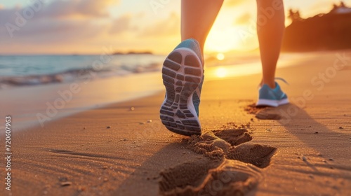 Feet of a jogger running along a picturesque beach at sunrise generative ai