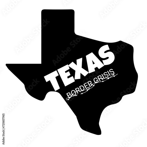 Texas state silhouette black stamp on white background, razor wire and text border crisis. Vector illustration.