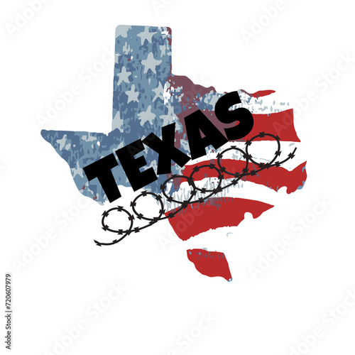 Texas map with American flag and razor wire in grunge style. Texas border crisis poster. Vector illustration.