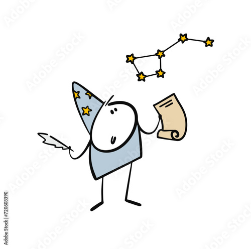 Ancient scientist in blue hat holds feather pen and piece of paper, watching the stars. Vector illustration of constellation Ursa major in the sky. Isolated cartoon stickman on white background.