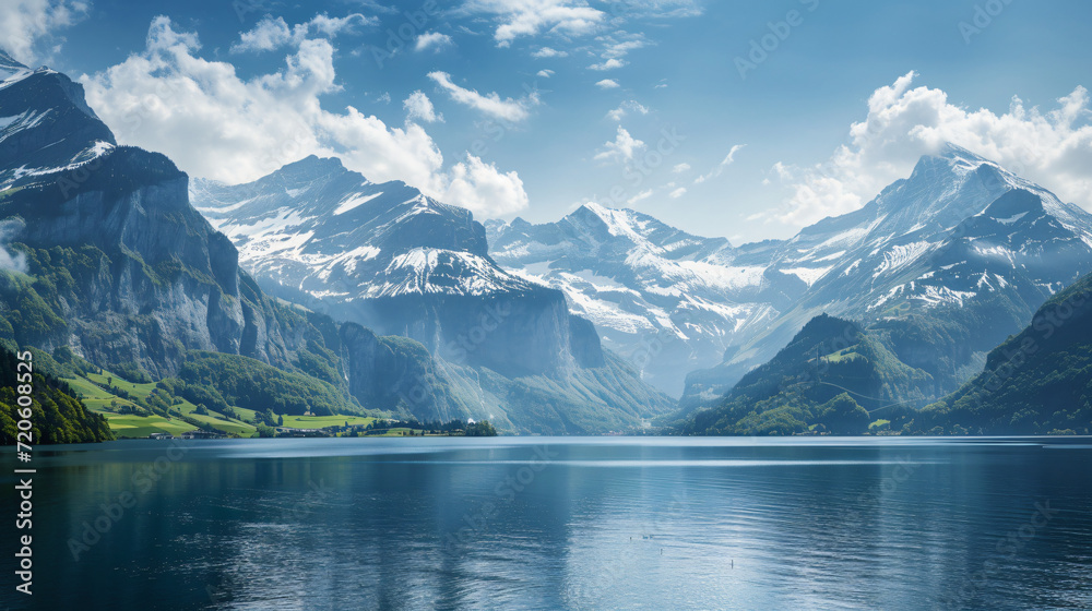 A scenic train journey through the Swiss Alps with breathtaking views of snow-capped mountains and pristine lakes.