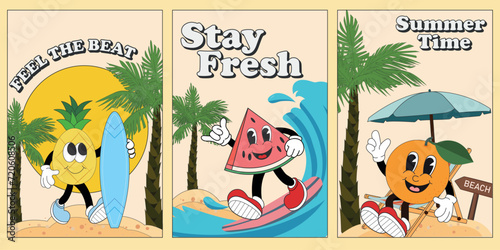 Retro groovy summer posters set. Cartoon summer 60s, 70s  stickers, stamps or patches. Vector illustration. Cartoon characters in trendy retro style, comic mascot characters. Vacation concept. 