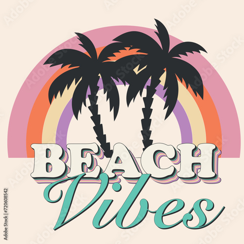 Summer vibes retro t shirt design. Summer design with rainbow and palm tree icon, perfect for tshirt design, sticker and beach house logo design