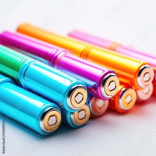 Neon AA batteries and chargers. Photorealistic image of power elements for electronics